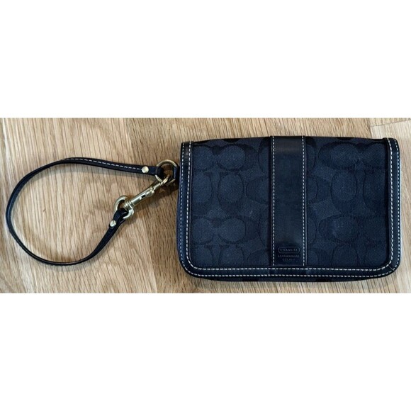 COACH Wristlet Logo Fabric Black Gold Hardware Wallet Used - Picture 1 of 6
